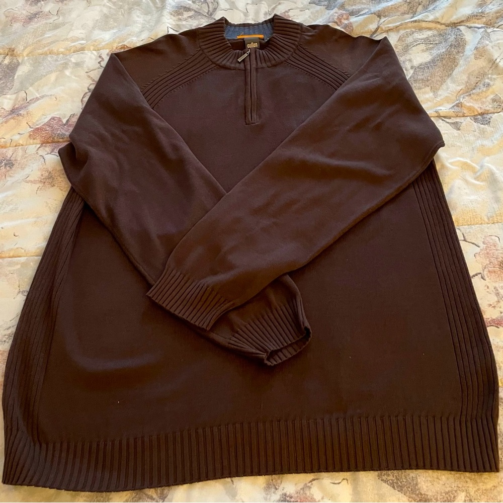 Cullen men’s brown 80% silk 1/4 zip mixed knit preppy cottage sweater, size L